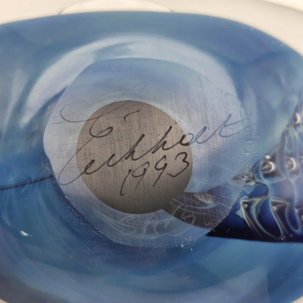 Robert Eickholt Blue/Black/Clear Reptile Series Mouth Blown Paperweight 1993